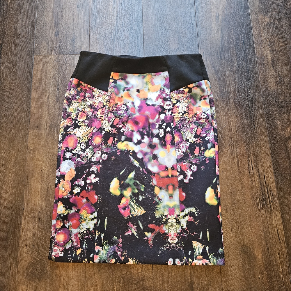 Vibrant Floral Pencil Skirt with Black Waistband